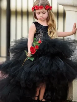 Robes de demoiselle d'honneur de mariage Robes pour occasions spéciales Robes noires sans manches à volants