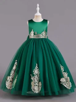 Robes de demoiselle d'honneur en tissu satiné vert sans manches col bijou robes de demoiselle d'honneur
