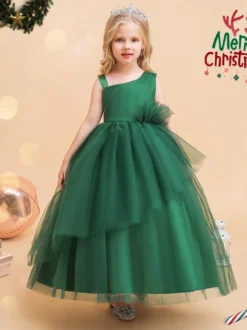 Robes de demoiselle d'honneur vertes de Noël en tulle sans manches avec décolleté conçu