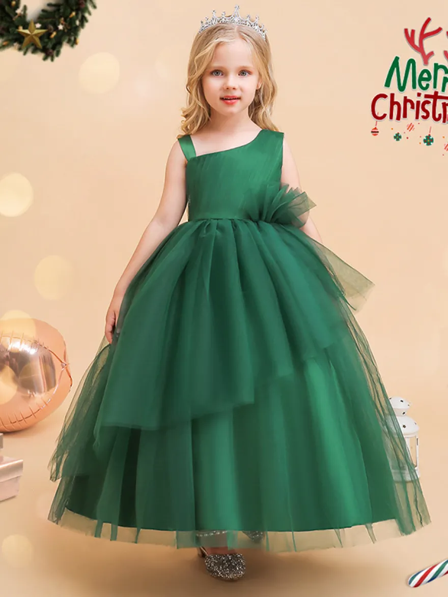 Robes de demoiselle d'honneur vertes de Noël en tulle sans manches avec décolleté conçu
