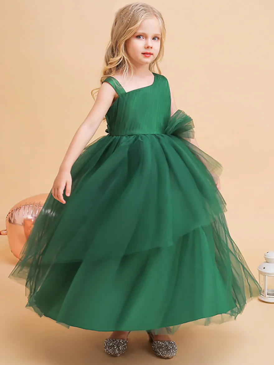 Robes de demoiselle d'honneur vertes de Noël en tulle sans manches avec décolleté conçu