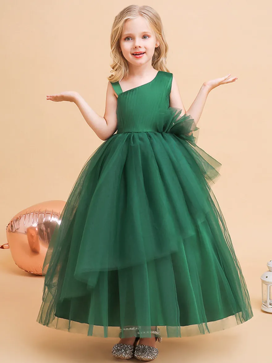 Robes de demoiselle d'honneur vertes de Noël en tulle sans manches avec décolleté conçu