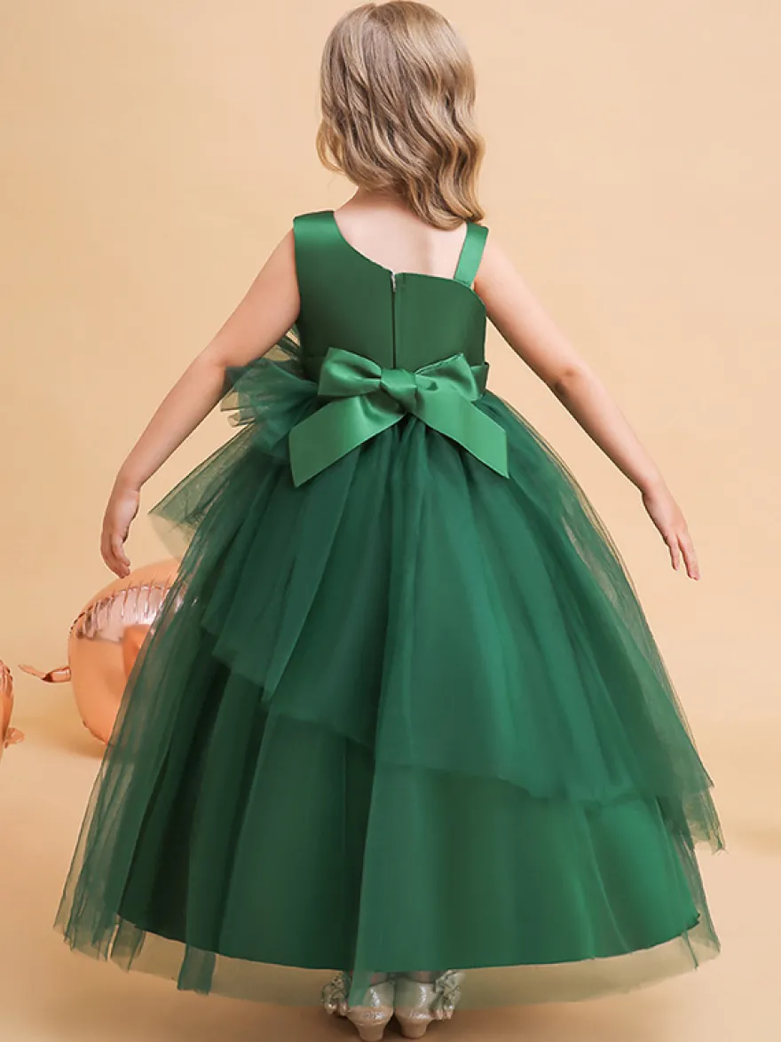 Robes de demoiselle d'honneur vertes de Noël en tulle sans manches avec décolleté conçu