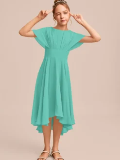 Robes de demoiselle d'honneur blanches Robes pour occasions spéciales Robes de demoiselle d'honneur en mousseline bleue à manches courtes et col bijou