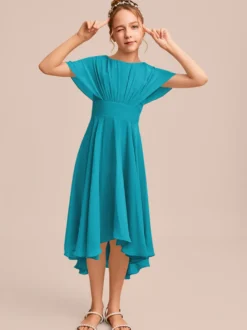 Robes de demoiselle d'honneur blanches Robes pour occasions spéciales Robes de demoiselle d'honneur en mousseline bleue à manches courtes et col bijou