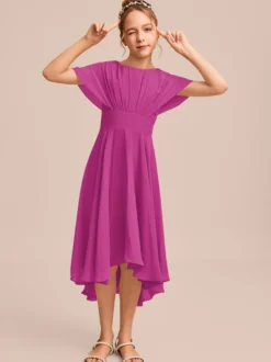 Robes de demoiselle d'honneur blanches Robes pour occasions spéciales Robes de demoiselle d'honneur en mousseline bleue à manches courtes et col bijou