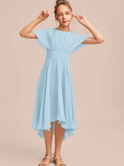 Robes de demoiselle d'honneur blanches Robes pour occasions spéciales Robes de demoiselle d'honneur en mousseline bleue à manches courtes et col bijou