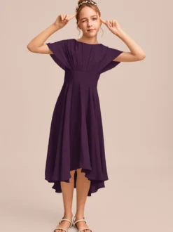 Robes de demoiselle d'honneur blanches Robes pour occasions spéciales Robes de demoiselle d'honneur en mousseline bleue à manches courtes et col bijou