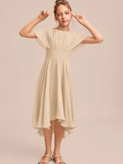Robes de demoiselle d'honneur blanches Robes pour occasions spéciales Robes de demoiselle d'honneur en mousseline bleue à manches courtes et col bijou