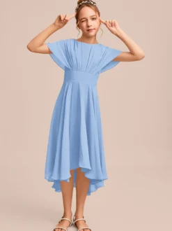 Robes de demoiselle d'honneur blanches Robes pour occasions spéciales Robes de demoiselle d'honneur en mousseline bleue à manches courtes et col bijou