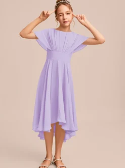 Robes de demoiselle d'honneur blanches Robes pour occasions spéciales Robes de demoiselle d'honneur en mousseline bleue à manches courtes et col bijou