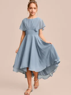 Robes de demoiselle d'honneur blanches Robes pour occasions spéciales Robes de demoiselle d'honneur en mousseline bleue à manches courtes et col bijou