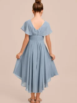 Robes de demoiselle d'honneur blanches Robes pour occasions spéciales Robes de demoiselle d'honneur en mousseline bleue à manches courtes et col bijou