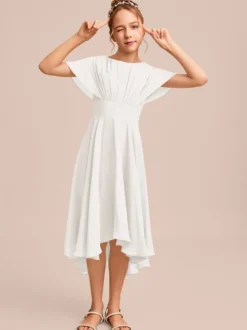 Robes de demoiselle d'honneur blanches Robes pour occasions spéciales Robes de demoiselle d'honneur en mousseline bleue à manches courtes et col bijou