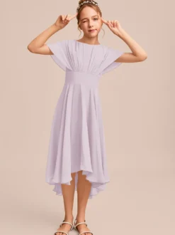 Robes de demoiselle d'honneur blanches Robes pour occasions spéciales Robes de demoiselle d'honneur en mousseline bleue à manches courtes et col bijou