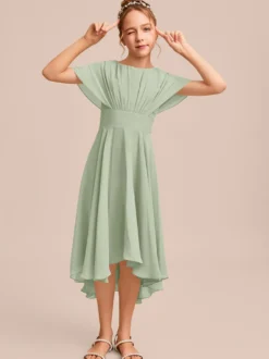 Robes de demoiselle d'honneur blanches Robes pour occasions spéciales Robes de demoiselle d'honneur en mousseline bleue à manches courtes et col bijou
