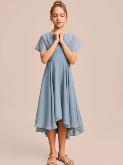 Robes de demoiselle d'honneur blanches Robes pour occasions spéciales Robes de demoiselle d'honneur en mousseline bleue à manches courtes et col bijou