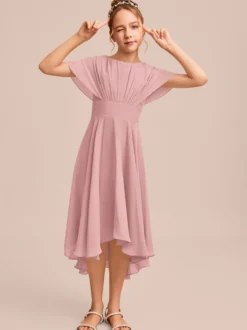 Robes de demoiselle d'honneur blanches Robes pour occasions spéciales Robes de demoiselle d'honneur en mousseline bleue à manches courtes et col bijou