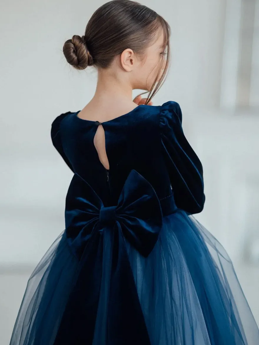 Robes de demoiselle d'honneur de mariage Robes pour occasions spéciales Bleu marine foncé Manches longues Nœuds