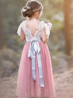 Robes de demoiselle d'honneur bordeaux col bijou manches courtes ceinture enfants robes de soirée sociale
