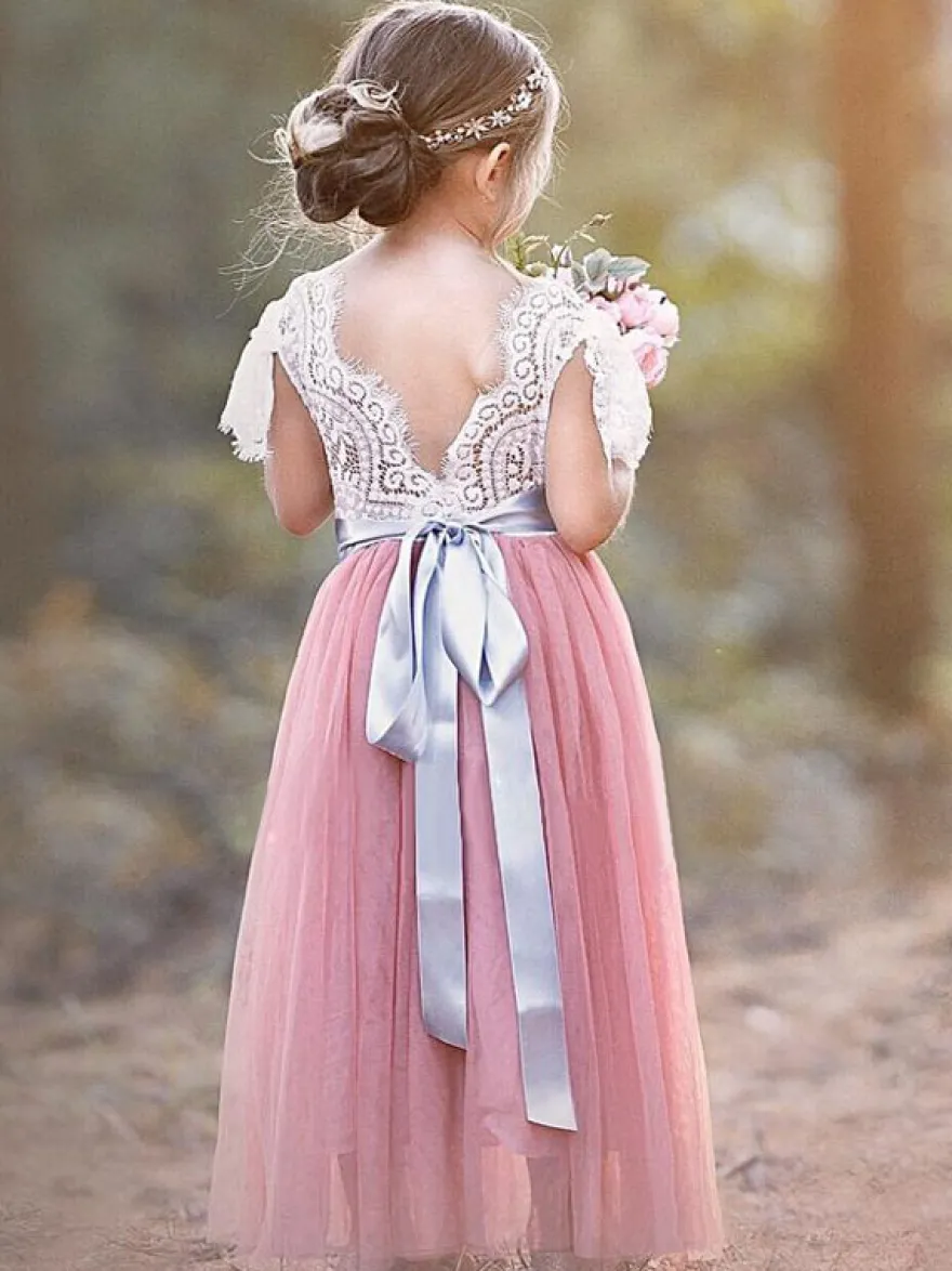Robes de demoiselle d'honneur bordeaux col bijou manches courtes ceinture enfants robes de soirée sociale