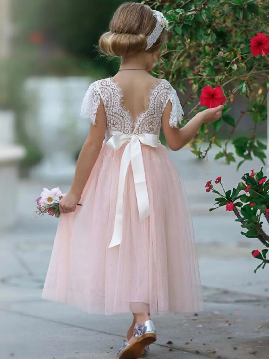 Robes de demoiselle d'honneur bordeaux col bijou manches courtes ceinture enfants robes de soirée sociale