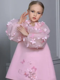 Robes de demoiselle d'honneur de mariage robes d'occasion spéciale roses manches longues appliques