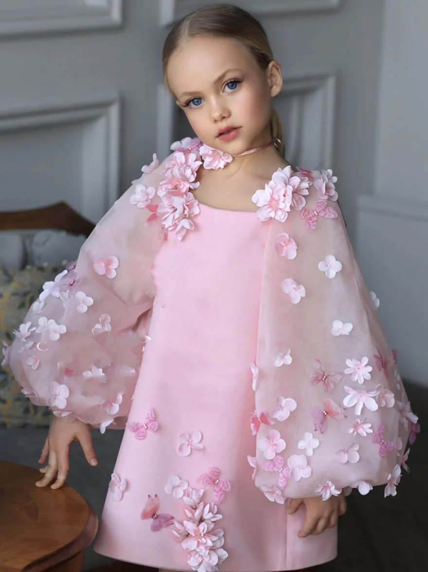 Robes de demoiselle d'honneur de mariage robes d'occasion spéciale roses manches longues appliques