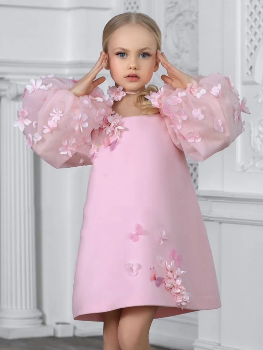 Robes de demoiselle d'honneur de mariage robes d'occasion spéciale roses manches longues appliques