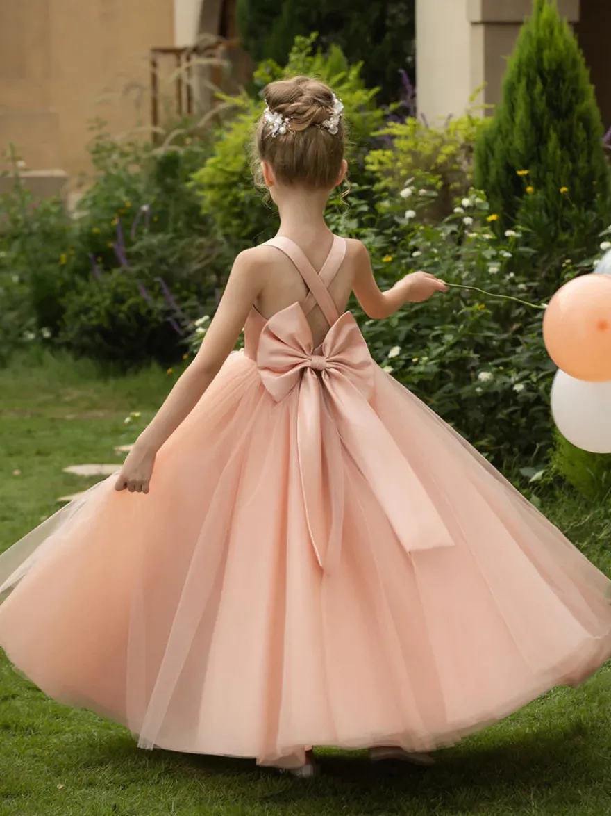 Robes de demoiselle d'honneur de mariage robes d'occasion spéciale rose blush nœuds sans manches