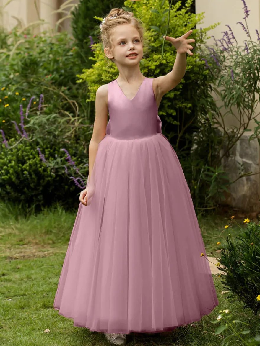 Robes de demoiselle d'honneur de mariage robes d'occasion spéciale rose blush nœuds sans manches