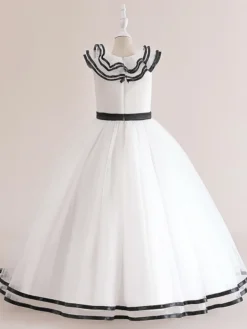 Robes de fille de fleur blanche Robes d'occasion spéciale Tulle blanc sans manches col bijou Robes de fille de fleur