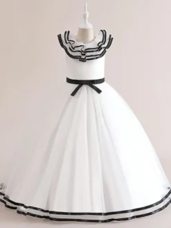 Robes de fille de fleur blanche Robes d'occasion spéciale Tulle blanc sans manches col bijou Robes de fille de fleur