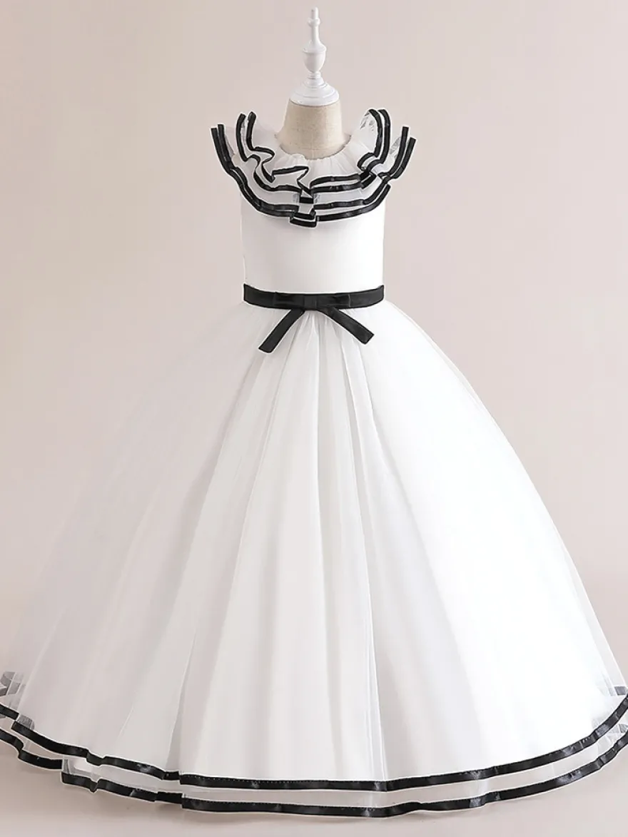 Robes de fille de fleur blanche Robes d'occasion spéciale Tulle blanc sans manches col bijou Robes de fille de fleur