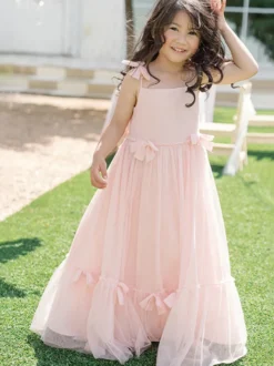 Robes de fille de fleur blanche Organza rose doux sans manches col bijou robes de fille de fleur