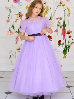 Robes de fille de fleur blanche robes d'occasion spéciale Tulle violet manches courtes col bijou robes de fille de fleur