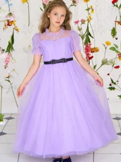 Robes de fille de fleur blanche robes d'occasion spéciale Tulle violet manches courtes col bijou robes de fille de fleur