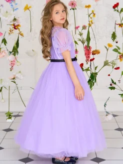 Robes de fille de fleur blanche robes d'occasion spéciale Tulle violet manches courtes col bijou robes de fille de fleur
