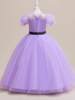 Robes de fille de fleur blanche robes d'occasion spéciale Tulle violet manches courtes col bijou robes de fille de fleur