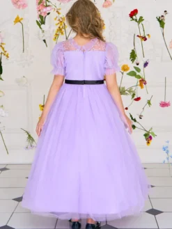 Robes de fille de fleur blanche robes d'occasion spéciale Tulle violet manches courtes col bijou robes de fille de fleur