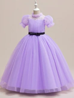 Robes de fille de fleur blanche robes d'occasion spéciale Tulle violet manches courtes col bijou robes de fille de fleur