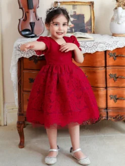 Robes de fille de fleur blanche Robes d'occasion spéciale Dentelle blanche Manches courtes Col carré Robes de fille de fleur