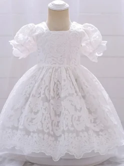 Robes de fille de fleur blanche Robes d'occasion spéciale Dentelle blanche Manches courtes Col carré Robes de fille de fleur