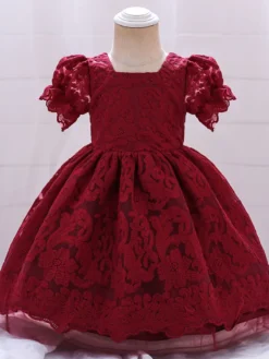 Robes de fille de fleur blanche Robes d'occasion spéciale Dentelle blanche Manches courtes Col carré Robes de fille de fleur
