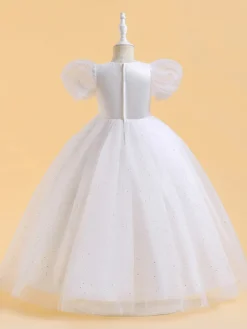 Robes de fille de fleur blanche robes d'occasion spéciale paillettes roses manches courtes col bijou robes de fille de fleur