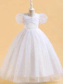 Robes de fille de fleur blanche robes d'occasion spéciale paillettes roses manches courtes col bijou robes de fille de fleur
