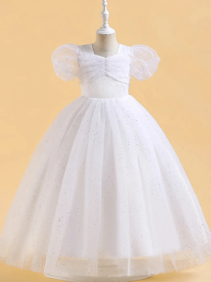 Robes de fille de fleur blanche robes d'occasion spéciale paillettes roses manches courtes col bijou robes de fille de fleur