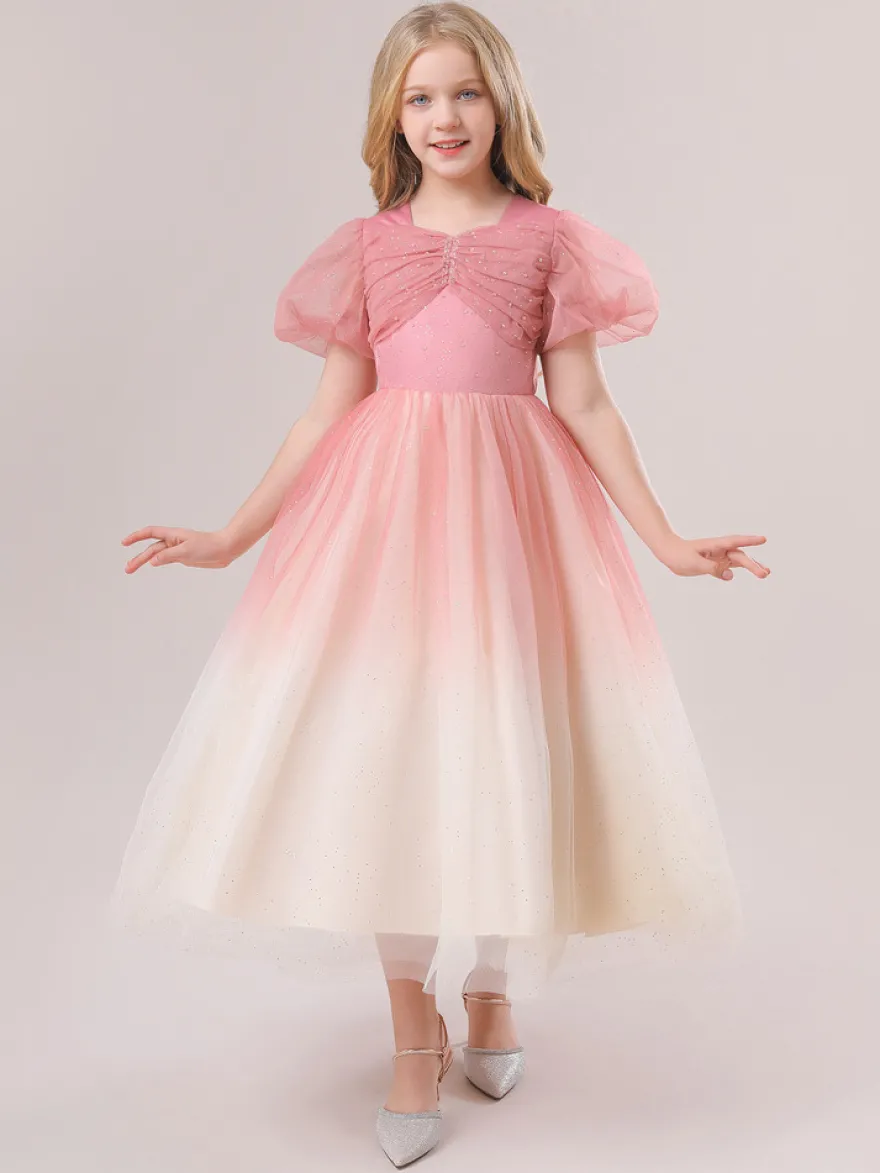 Robes de fille de fleur blanche robes d'occasion spéciale paillettes roses manches courtes col bijou robes de fille de fleur
