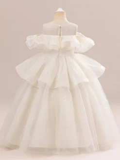 Robes de fille de fleur blanche Champagne Organza sans manches bijou cou robes de fille de fleur