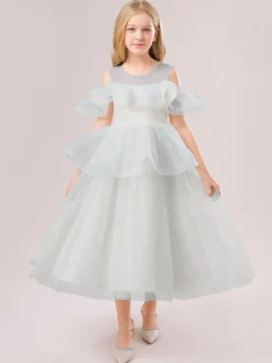 Robes de fille de fleur blanche Champagne Organza sans manches bijou cou robes de fille de fleur